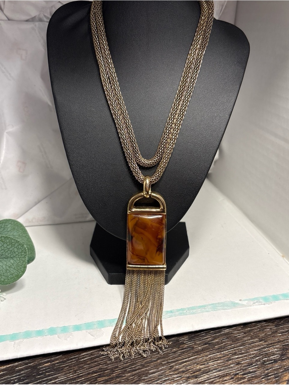 Gold-Tone Tassel Necklace with Amber Stone Pendant - Women Jewelry